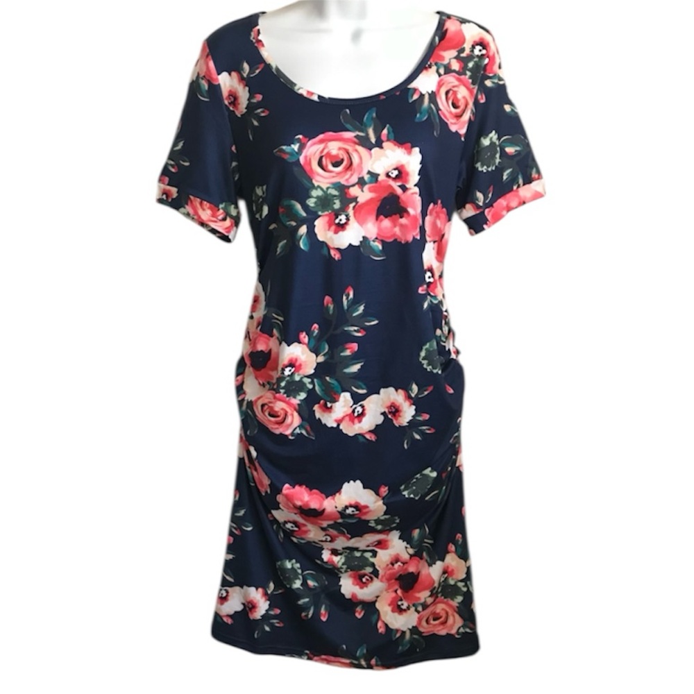 🔴 4/$15 Maternity Navy & Pink Floral Print SS Fitted Midi Dress size M in EUC